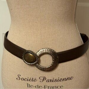 CHICO’S BELT BROWN LEATHER ADJUSTABLE SILVER & GOLD TONE BUCKLE SIZE M L